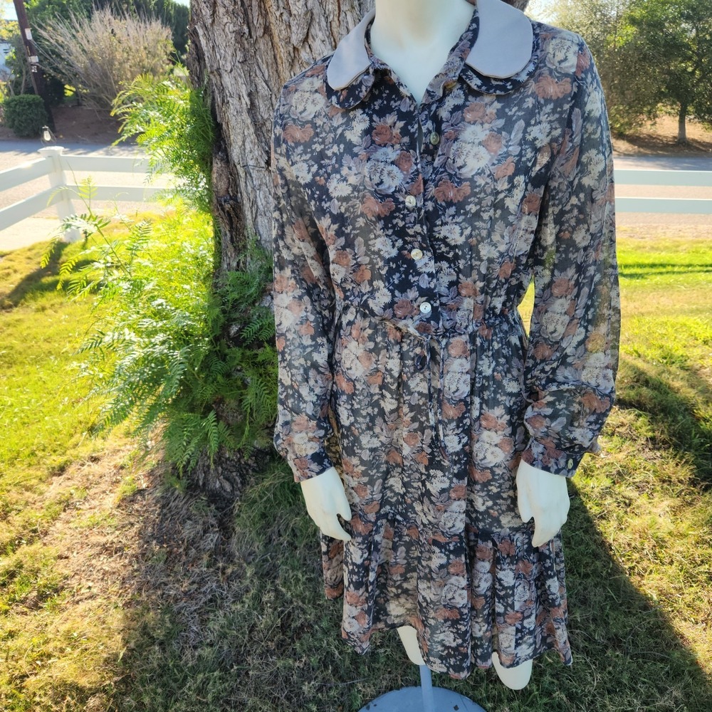 Vtg 70s‎ Black Floral Prairie Dress Peter Pan Collar Coquette Cottagecore Sz 12